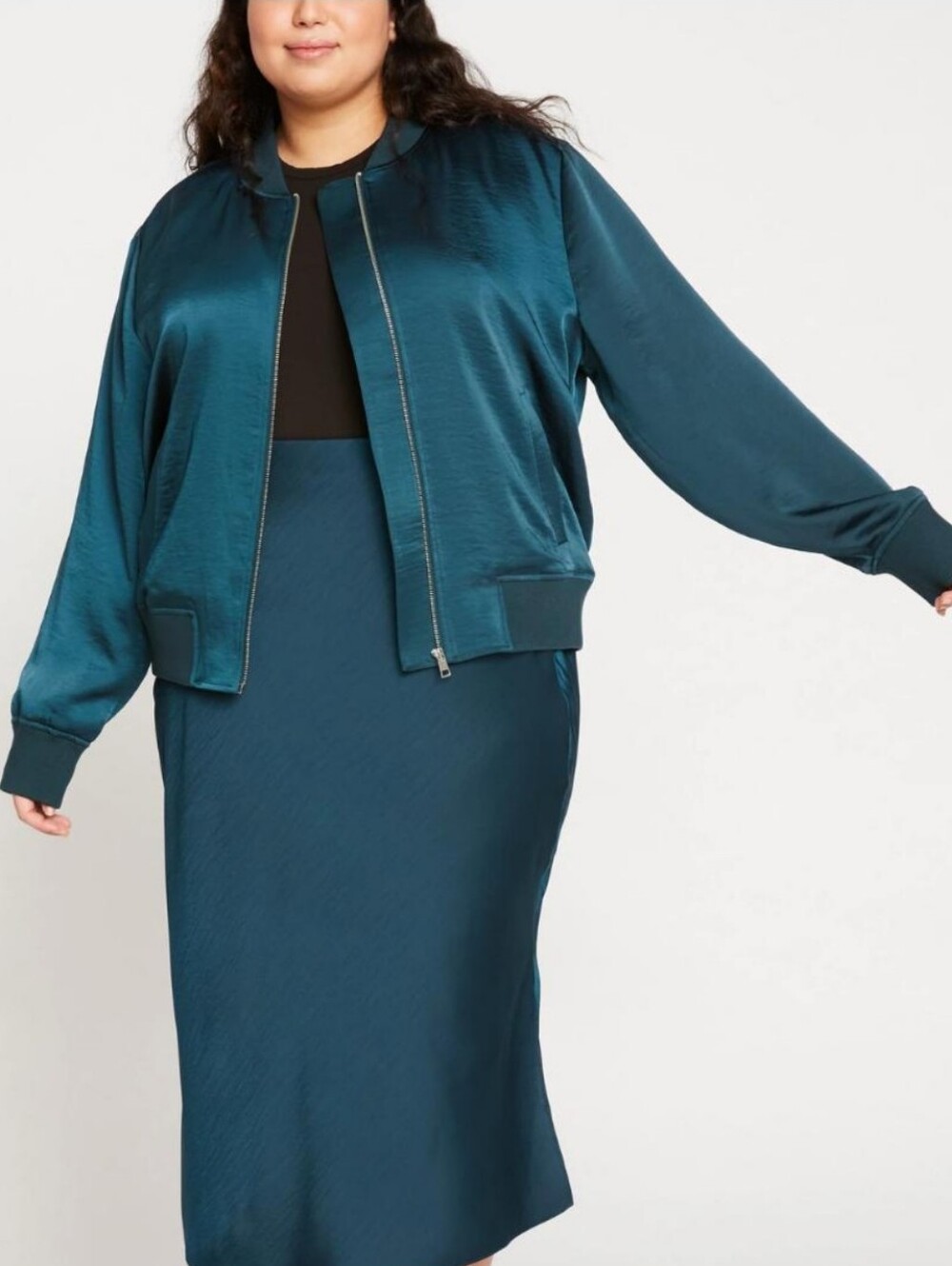 Universal Standard Carmen Satin Bomber Jacket Deep Sea Teal Relaxed Fit Coat MD